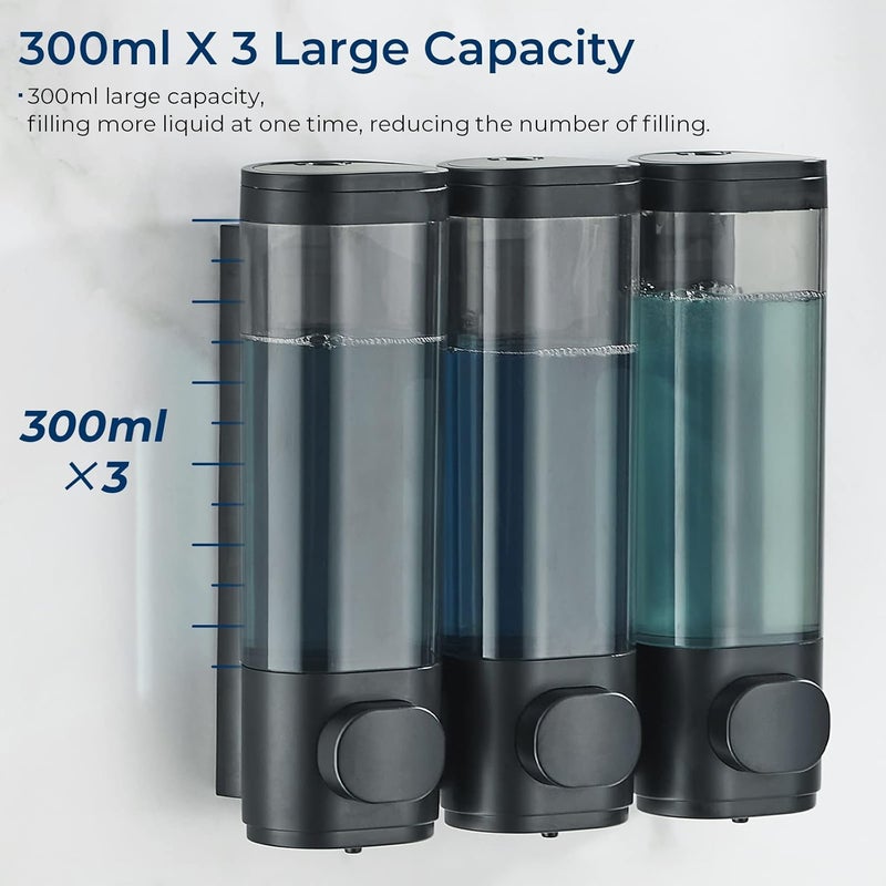 pollock Shower Dispenser 3 Chamber No Drill Shampoo Conditioner Body Wash Dispenser for Bathroom, Large Capacity, Black - Image 3